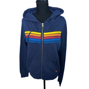 Aviator Nation Unisex 5 Stripe Navy Blue Rainbow Zip Hoodie Small Retro Relaxed